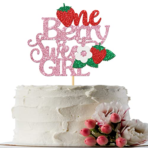 INNORU One Berry Sweet Girl Cake Topper – Fruit Thema 1. Geburtstag Party Dekorationen für Mädchen, Erdbeer-Kuchenaufsatz, Sweet One Babyparty Party Dekoration Suppllies, Rosa Glitzer von INNORU