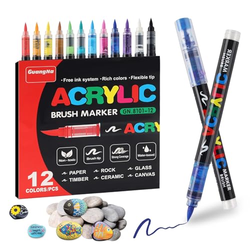 INQUIRLLY Acrylstifte für Steine Wasserfest, 12 Farben Steine Bemalen Acrylfarben Stifte Acrylic Paint Permanent Marker Textilstifte Waschmaschinenfest Acrylstifte, für Glas, Holz, Keramik, Leinwand. von INQUIRLLY