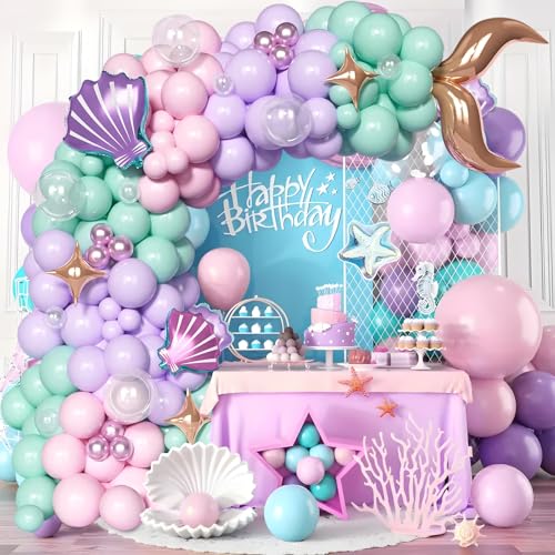 INSANYJ Meerjungfrau Geburtstag Party Dekoration, Meerjungfrau Luftballons Bogen Kit, 105PC Pastell Lila Rosa Blaugrün Metallic Rosa Latex Ballons mit Meerjungfrau Schwanz Muschel Rosa Stern von INSANYJ