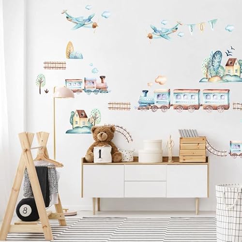 INSPIO Wandtattoo Zug Flugzeuge Häuser Bäume Wandsticker Wandaufkleber Wanddeko für Jungenzimmer Babyzimmer Kinderzimmer von INSPIO