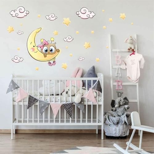 INSPIO Wandtattoo rosa Eule auf Mond Wandsticker pink Babyzimmer Aufkleber Kinderzimmer Wandaufkleber Selbstklebend Dekoration fürs Baby Schlafzimmer Wanddeko Mädchen Jungen von INSPIO