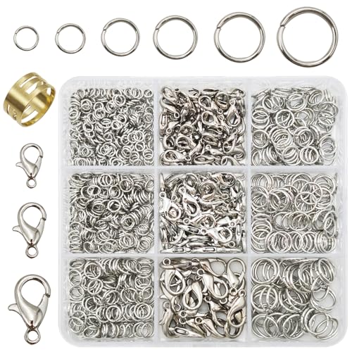 INSPIRELLE 900 Stück offene Binderinge und 120 Stück Karabinerverschlüsse, Metall-Spaltringe, Verbindungsringe für Schmuckherstellung, Rhodium von INSPIRELLE