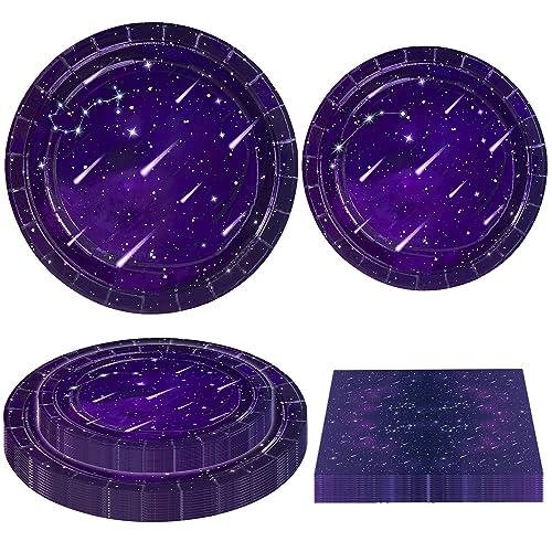 120 Stück Weltraum Galaxie Party Dekoration Star Party Supplies Lila Outer Space Theme Party Supplies Galaxie Party Geschirr Set Pappteller lila Galaxie Servietten Gefälligkeiten für 40 Gäste von INSPIREYEE