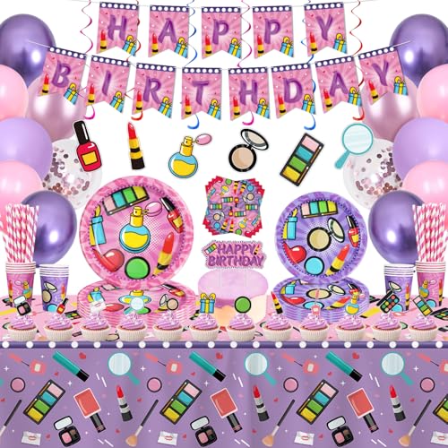 177 Pcs Makeup Geburtstag Party Supplies Spa Geburtstag Party Dekorationen Makeup Party Geschirr Makeup Thema Begünstigungen für Mädchen für Spa Geburtstag Party Dekoration Baby Dusche für 20 Gäste von INSPIREYEE