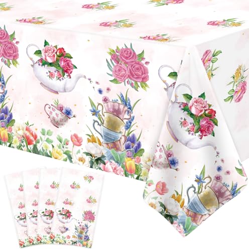 4 Pack Tea Party Dekoration Floral Tea Party Tischdecke Tea Party Geburtstag Zubehör 86" x 51" Rechteck Frühling Einwegblumen Tee Partei Tischdecke Baby Dusche Blumen Geburtstag Dekorationen von INSPIREYEE