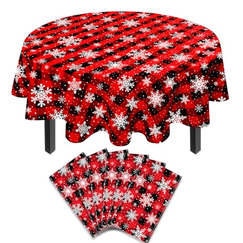 6 Pack Weihnachten Karierte Tischdecke Schneeflocke Tischdecke Buffalo Plaid Tischdecke 84 Zoll Einweg Runde rot und schwarz Buffalo Plaid Tischdecke für Xmas Party Dekor Winterurlaub von INSPIREYEE