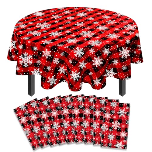 9 Pack Weihnachten Karierte Tischdecke Schneeflocke Tischdecke Buffalo Plaid Tischdecke 84 Zoll Einweg Runde rot und schwarz Buffalo Plaid Tischdecke für Xmas Party Dekor Winterurlaub von INSPIREYEE