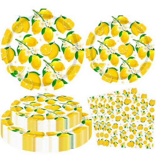 INSPIREYEE 120 Stück Zitrone Party Dekoration Zitronenteller Limonade Themed Birthday Party Supplies gelbe Zitronen Themed Geschirr-Zitrone Platte Zitrone Servietten von INSPIREYEE