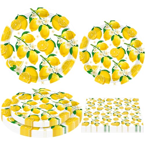 INSPIREYEE 120 Stück Zitrone Party Dekoration Zitronenteller Limonade Themed Birthday Party Supplies gelbe Zitronen Themed Geschirr-Zitrone Platte Zitrone Servietten von INSPIREYEE