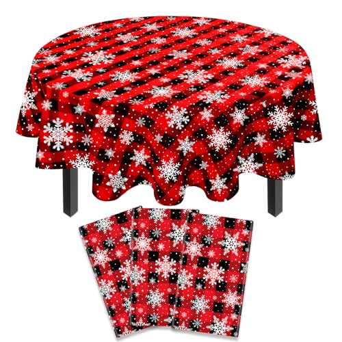 Weihnachten Karierte Tischdecke Schneeflocke Tischdecke Büffel Plaid Tischdecke 51 X 86'' Einweg Runde rot und schwarz Büffel Plaid Tischdecke für Xmas Party Dekor Winterurlaub (3) von INSPIREYEE