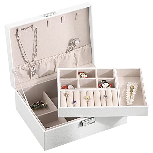 INSPUTOL Schmuckkästchen Schmuckschatulle 2-lagige Schmuckkoffer Schmuckaufbewahrungsbox mit Schloss PU-Leder Schmuckschatulle für Damen für Ohrringe Halsketten Ringe Armbänder(Weiß) von INSPUTOL