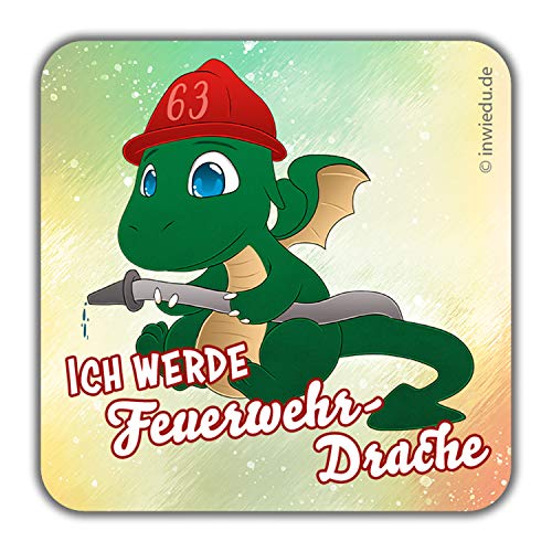 INWIEDU - quadratischer Magnet-Sticker Drache Ignis mit Spruch: Ich werde Feuerwehr-Drache - Magnetfolie quadratischer Sticker - 50 x 50 x 1 mm - Kühlschrank Magnet Tafel von INWIEDU