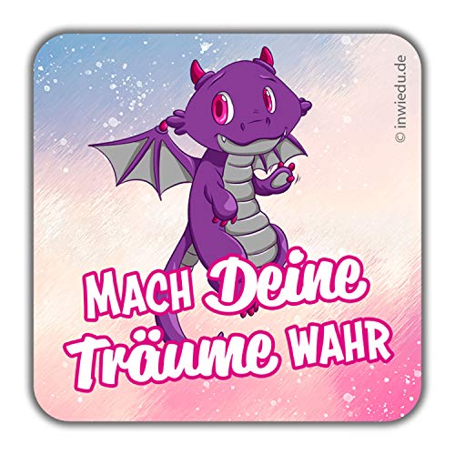 INWIEDU - quadratischer Magnet-Sticker Drache Vic mit Spruch: Mach Deine Träume wahr - Magnetfolie quadratischer Sticker - 50 x 50 x 1 mm - Kühlschrank Magnet Tafel von INWIEDU