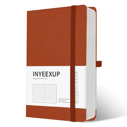 INYEEXUP Notizbuch A5 Dotted, Journal Buch mit 320 Seiten, Notizheft a5 mit Premium 100gsm Tintenfestes Papie Dickes, PU HardCover Notizbücher mit Elastischem Verschlussband und Falttasche(Braun) von INYEEXUP