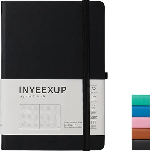 INYEEXUP Notizbuch A5 Dotted, Journal Buch mit 320 Seiten, Notizheft a5 mit Premium 100gsm Tintenfestes Papie Dickes, PU HardCover Notizbücher mit Elastischem Verschlussband und Falttasche(Schwarz) von INYEEXUP