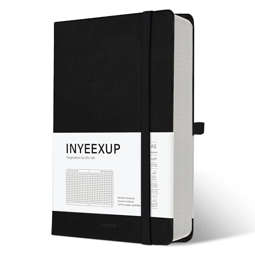 INYEEXUP Notizbuch A5 Kariert, Journal Buch mit 320 Seiten, Notizheft a5 mit Premium 100gsm Tintenfestes Papie Dickes, PU HardCover Notizbücher mit Elastischem Verschlussband und Falttasche(Schwarz) von INYEEXUP