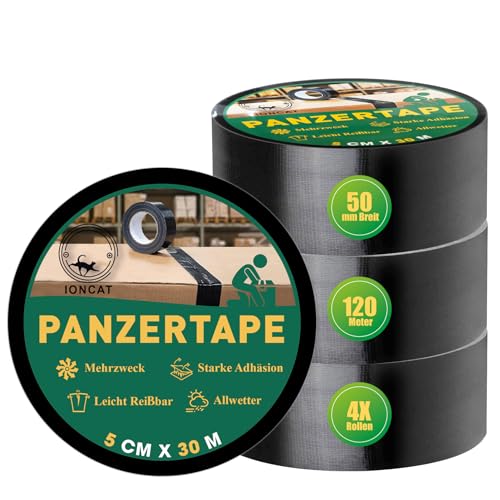 IONCAT Panzertape Schwarz Extra Stark, 30m x 50mm Gewebeband, Wasserdichtes Panzerband für innen & außen,Reparaturband, Klebeband zum Reparieren, Befestigen,Bündeln,Verstärken oder Abdichten, 4 Rollen von IONCAT