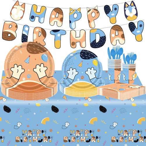 Blue Cartoon Dog Hund Thema Geburtstagsdeko 62pcsGeburtstagsdekor mit Cartoon-Hundethema Hund Thema Partygeschirr Set Hund Geburtstag Party Geschirr die für 10 Gäste von IOSCDH