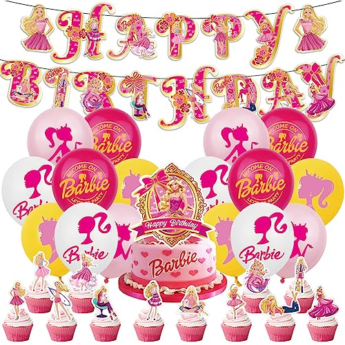 IOSCDH 30 Pcs Mädchen Geburtstags Dekorationen Kinder Puppe Party Geburtstag Deko Geburtstagsfeier Dekorationen Bar-bie Cake Toppers Banner Ballon für Kinder von IOSCDH