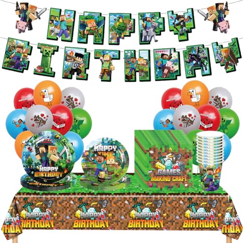 Mine-Craf Geburtstags deko, Partygeschirr Set, Geburtstag Geschirr Kit, Mine-Craf Balloons, Kindergeburtstag Tischdeko, mit Geburtstag-Banner,Balloons, Servietten,Papptelle,Pappbecher, Tischdecke von IOSCDH