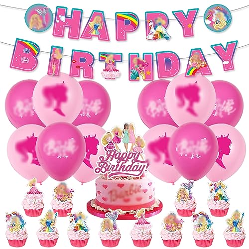 Prin-cess Party deko Set, IOSCDH Mädchen Geburtstag Dekorationen 27 Pcs Prin-cess Thema Geburtstag Partydekorationen mit Happy Birthday Banner Latex Ballons Kuchenflagge für Kinder von IOSCDH