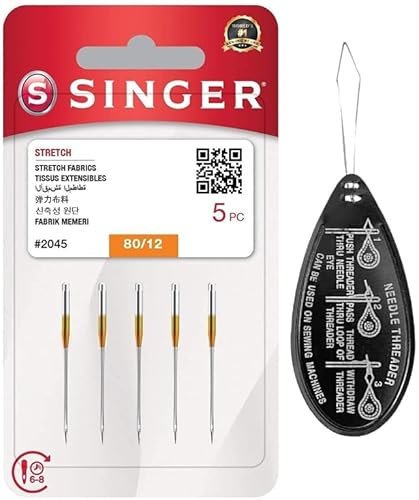 Singer Stretch Ball Point 2045 Nähmaschinennadeln, 5 Stück, Größe 80/12, inkl. großem Nadeleinfädler von IPC Sewing Parts