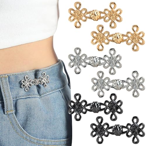 6 Sets chinesischer Knoten, Hosen-Taillenspanner für lose Jeans, Hosenbundstraffer, kein Nähen, Hosenknopfnadeln, verstellbare Taillenschnalle, Hosen-Clips für die Taille von IPEWOEF