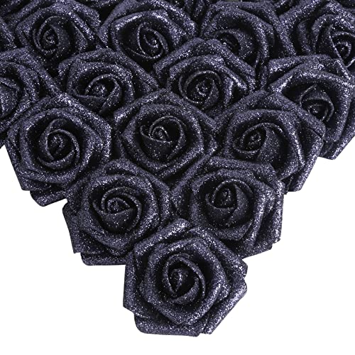 IPOPU Schwarze Glitzer-Rosen, 25 Stück Schaumstoff-Glitzer-Rosen, Glitzer-Blumen, Schaumstoff-Rosen mit Stiel für DIY Hochzeit Brautstrauß Zuhause Party Dekoration (schwarz) von IPOPU