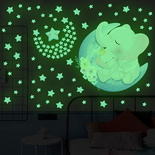 Wandtattoo Kinderzimmer Elefant Leuchtend Deko Wandsticker Kinder Cartoon Baby Elefant Mond Stern kreative fluoreszierende Wandaufkleber Kinderzimmer Dekoration Aufkleber selbstklebende Wandaufkleber von IQYU