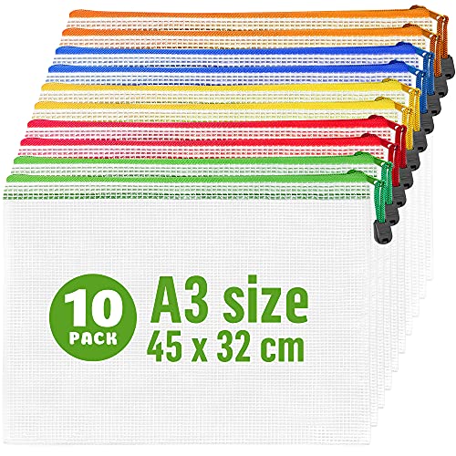 10er Pack Dokumententasche A3 Kunststoff Reißverschlusstaschen 45x32 cm - Aufbewahrungstaschen für Brettspiele Puzzle - Aufbewahrungstaschen Brettspieltasche A3 Zip Beutel Mit Reißverschluss Netz von IRICUS