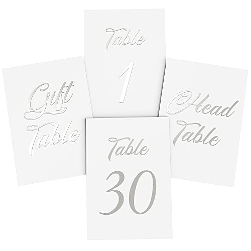 Tischnummern Hochzeit Silver 1-30 - Head Table - Gift Table - DIN A6 (10x15 cm) - Silverfoliert Hochzeitstischnummern - Tisch-nummern - Tischnummern Tischkarten Silver von IRICUS