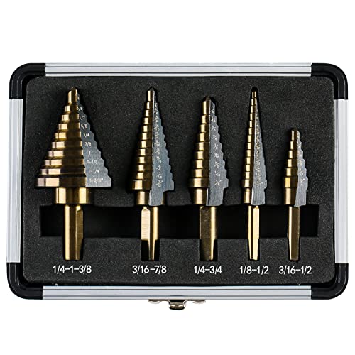 IRONANT Stufenbohrer, 5 Stück, HSS, Titan, Stufenbohrer-Set, 50 Größen, Hochgeschwindigkeitsstahl, Stufenbohrer für Metall mit Aluminiumgehäuse von IRONANT