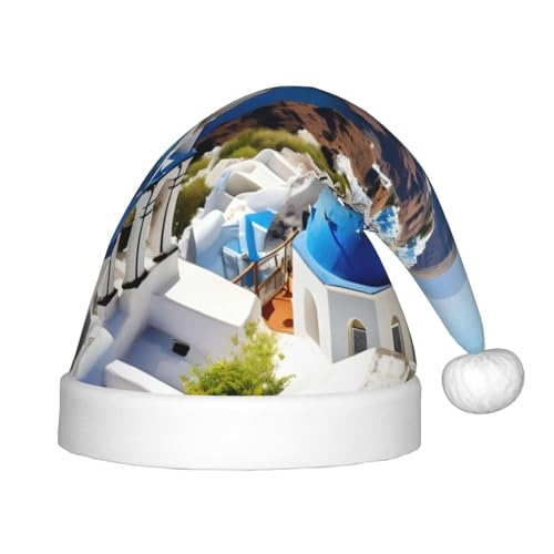 Kinder Nikolausmütze - Hell & Bequem Winter Xmas Urlaub Hut - Unisex Samt Weihnachtsmütze Griechische Insel Meer Blick von IRSHI