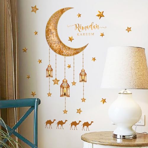 ISAKEN Eid Mubarak Aufkleber Muslimischen Party Sticker Ramadan Aufkleber Wandtattoos Wanddekoration Mond Sterne Buchstaben Selbstklebende Aufkleber für Zuhause Wohnzimmer Schlafzimmer von ISAKEN