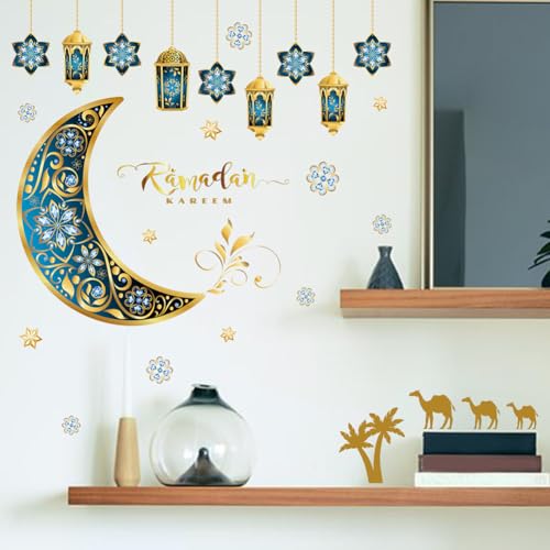 ISAKEN Eid Mubarak Aufkleber Muslimischen Party Sticker Ramadan Aufkleber Wandtattoos Wanddekoration Mond Sterne Buchstaben Selbstklebende Aufkleber für Zuhause Wohnzimmer Schlafzimmer von ISAKEN