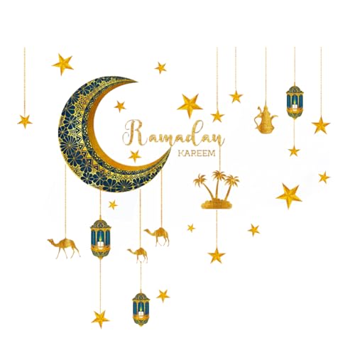 ISAKEN Eid Mubarak Aufkleber Muslimischen Party Sticker Ramadan Aufkleber Wandtattoos Wanddekoration Mond Sterne Buchstaben Selbstklebende Aufkleber für Zuhause Wohnzimmer Schlafzimmer von ISAKEN