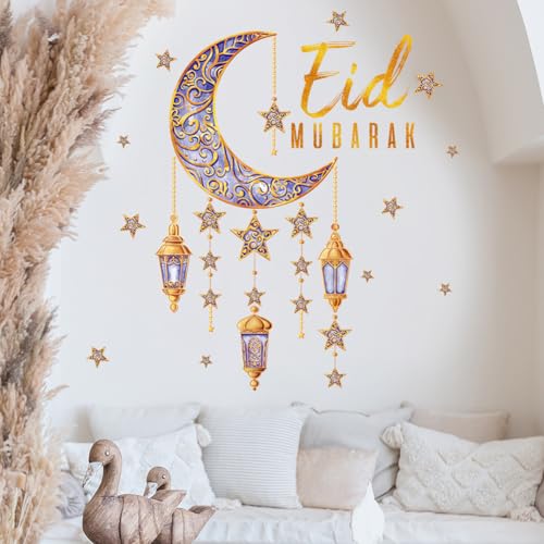 ISAKEN Eid Mubarak Aufkleber Muslimischen Party Sticker Ramadan Aufkleber Wandtattoos Wanddekoration Mond Sterne Buchstaben Selbstklebende Aufkleber für Zuhause Wohnzimmer Schlafzimmer von ISAKEN