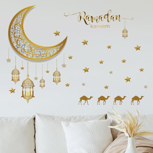 ISAKEN Eid Mubarak Aufkleber Muslimischen Party Sticker Ramadan Aufkleber Wandtattoos Wanddekoration Mond Sterne Buchstaben Selbstklebende Aufkleber für Zuhause Wohnzimmer Schlafzimmer von ISAKEN