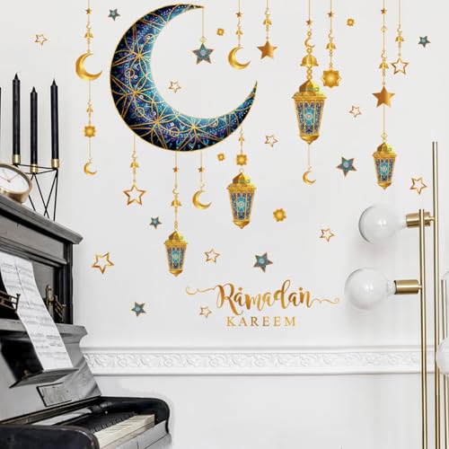 ISAKEN Eid Mubarak Aufkleber Muslimischen Party Sticker Ramadan Aufkleber Wandtattoos Wanddekoration Mond Sterne Buchstaben Selbstklebende Aufkleber für Zuhause Wohnzimmer Schlafzimmer von ISAKEN