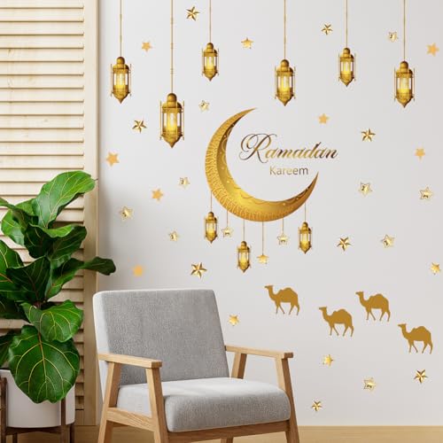 ISAKEN Eid Mubarak Aufkleber Muslimischen Party Sticker Ramadan Aufkleber Wandtattoos Wanddekoration Mond Sterne Buchstaben Selbstklebende Aufkleber für Zuhause Wohnzimmer Schlafzimmer von ISAKEN