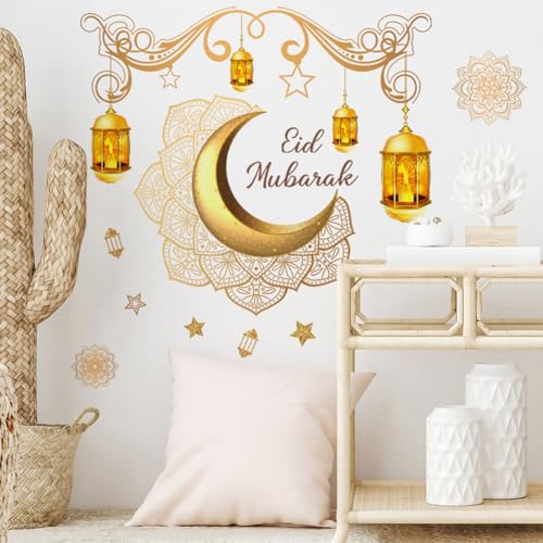 ISAKEN Eid Mubarak Aufkleber Muslimischen Party Sticker Ramadan Aufkleber Wandtattoos Wanddekoration Mond Sterne Buchstaben Selbstklebende Aufkleber für Zuhause Wohnzimmer Schlafzimmer von ISAKEN