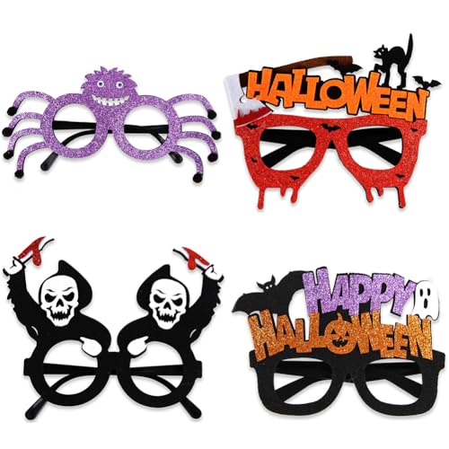 ISAKEN Halloween Brille, 4 Stück Lustige Halloween Party Dekorations Brille Halloweenbrillen mit Fledermaus Totenkopf Buchstaben Skelettbrillen für Erwachsene und Kinder von ISAKEN