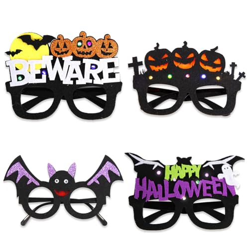 ISAKEN Halloween Brille, 4 Stück Lustige Halloween Party Dekorations Brille Halloweenbrillen mit Fledermaus Totenkopf Buchstaben Skelettbrillen für Erwachsene und Kinder von ISAKEN