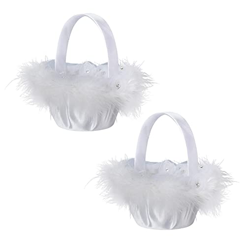 ISAKEN Hochzeit Blumenkorb, 2 Stück Weiß Streukörbchen Korb für Blumenkinder, Handheld Hochzeitskorb Spitzen und Schleifenrand Bowknot Blumenkorb für Hochzeitsfeier Blumenmädchen von ISAKEN