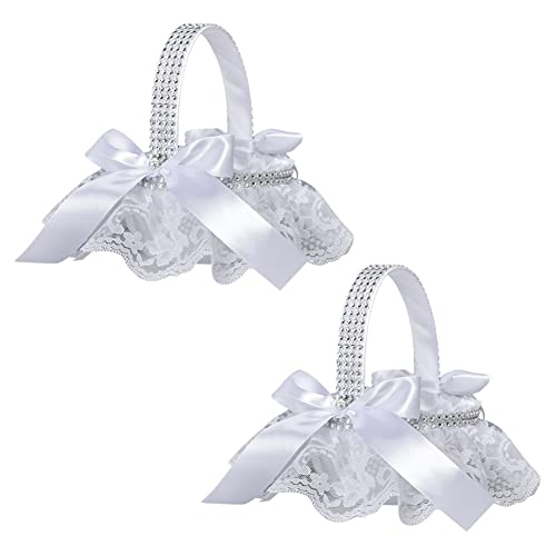 ISAKEN Hochzeit Blumenkorb, 2 Stück Weiß Streukörbchen Korb für Blumenkinder, Handheld Hochzeitskorb Spitzen und Schleifenrand Bowknot Blumenkorb für Hochzeitsfeier Blumenmädchen von ISAKEN