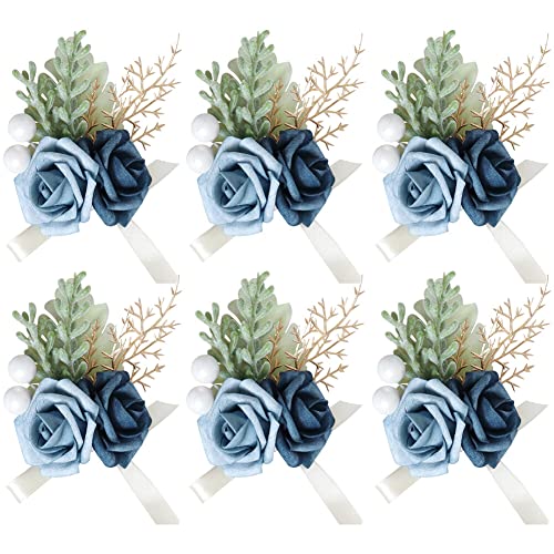 ISAKEN Hochzeit Handgelenk Corsage, 6 Stück Brautjungfer Hochzeit Handgelenk Blume Armband Hand Blumen blumenarmband für Braut Brautjungfer Gäste Herren Damen Party von ISAKEN