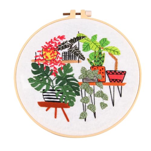 ISAKEN Stickerei Set Anfänger, Pflanzen Handgemachte Kreuzstich Set, Embroidery Cross Stitch Starter Kit Runde Einstellbare Stickerei Tool Kit für Erwachsene Anfänger von ISAKEN