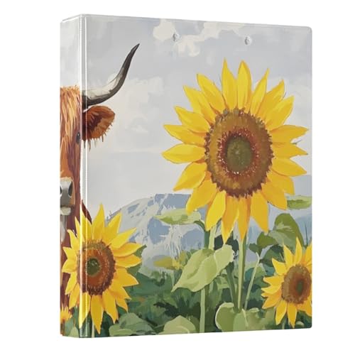 Highland Rinder Sonnenblumen 3-Ringbuch 3,8 cm runder Ringbuch für 200 Dokumente für Zuhause, Schule, Büro von ISAOA