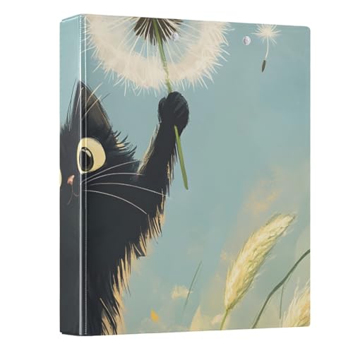 Schwarze Katze hält Löwenzahn-3-Ringbuch, 3,8 cm, runder Ringbuch, Sichtbuch, hält 200 Dokumente, für Zuhause, Schule, Büro von ISAOA