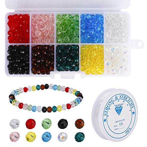 Glasperlen 6mm Facettierte Glasperlen Kügelchen 10 Farben Perlen Set mit 0.8mm Elastisch Schmuckfaden und Kunststoff Aufbewahrungsbox für DIY Schmuck Halskette Armband Basteln 700 Stück von ISIYINER